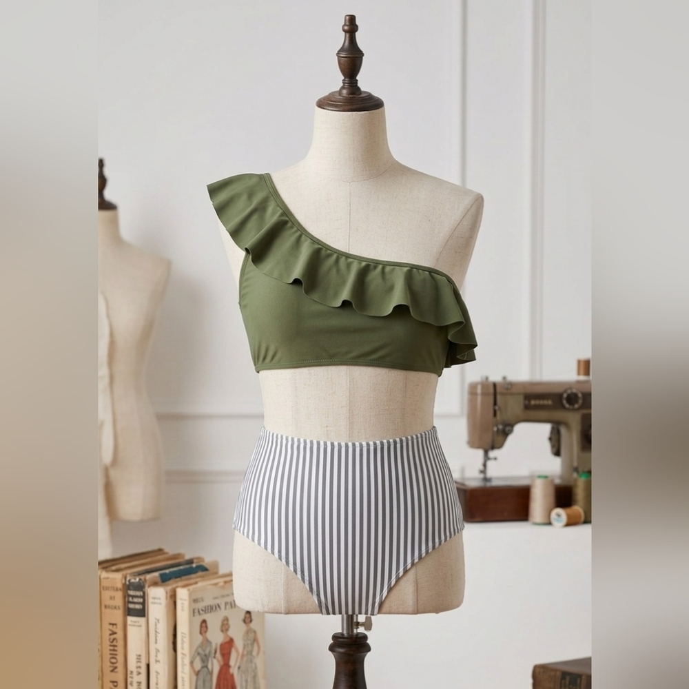 Olive One-Shoulder Ruffle Bikini Top with Striped High-Waist Bottom